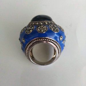 925 SS Marcasite and Enamel Ring, Sz 6